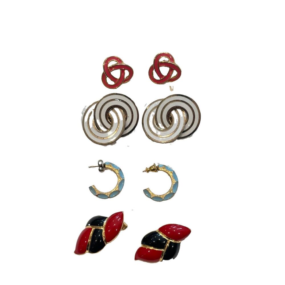 Lot of 4 Vintage Enamel Earrings Geometric Gold Tone Clip On & Pierced Bold